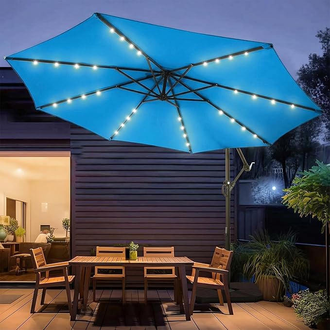 wikiwiki 10ft Solar LED Patio Umbrella with Base Included, Offset Umbrella with Sandbag Base, Cantilever Patio Umbrellas for Backyard, Garden & Deck, 32 LED Lights & Polyester Shade, Royal Blue WikiwikiPatioUmbrellas
