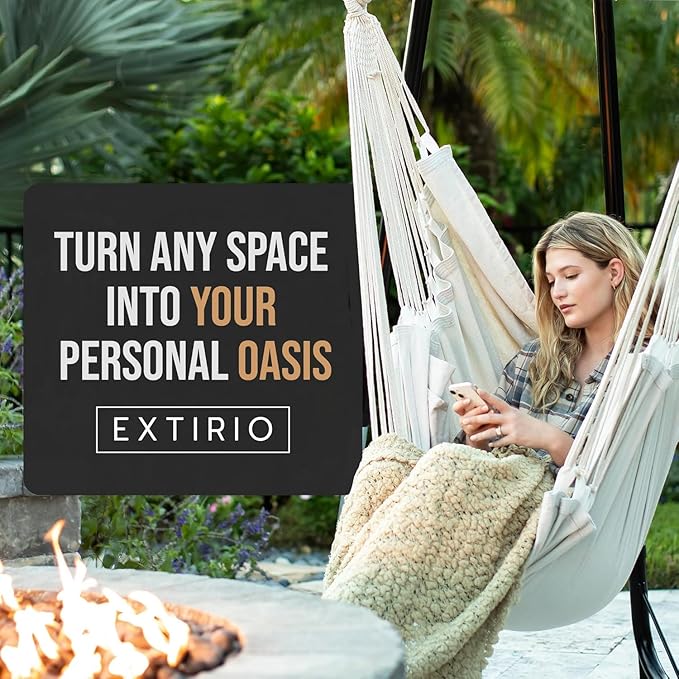 Hanging Hammock Chair Swing โ Hanging Chair Outdoor & Indoor - Hammock Swing Chair โ Quick & Easy Setup with Hardware Kit โ Durable & Spacious Full Body Support with 2 Plush Cushions โ Holds 440 Lbs EXTIRIO