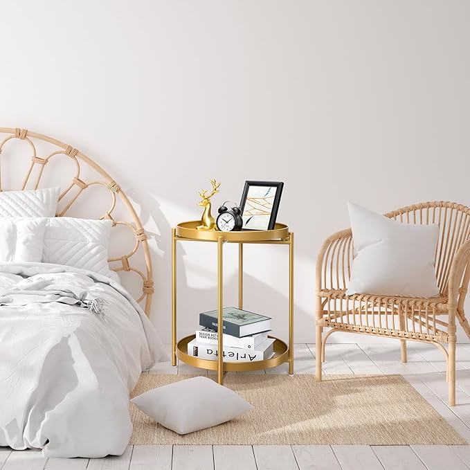 danpinera 2-Tier End Table, Outdoor Side Table, Metal Round Desk with Removable Tray, Small Folding Accent Desk, Anti-Rust Nightstand for Bedroom Balcony Patio Living Room, Set of 2 (Gold) danpinera