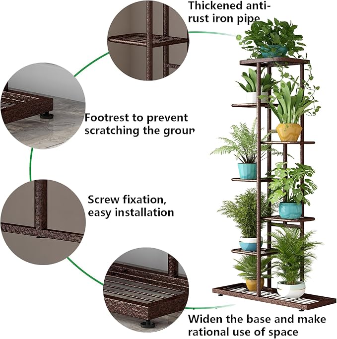 LINZINAR Plant Stand Metal 7 Tier 8 Potted Multiple Flower Pot Holder Shelf Indoor Outdoor Planter Display Shelving Unit for Patio Garden Corner Balcony Living Room, Bronze LINZINAR