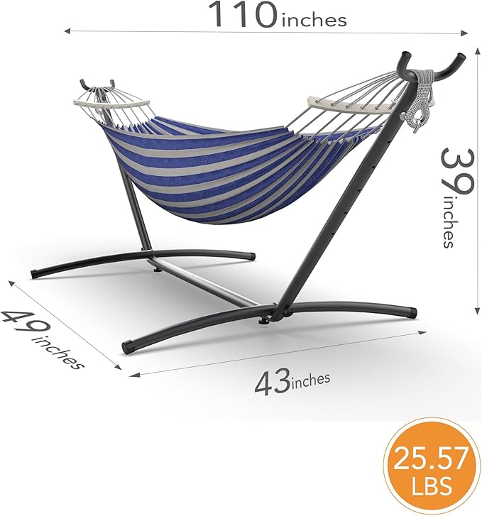 Double Hammock with Heavy-Duty Steel Stand,Portable,Easy Assembly,600lbs Weight Capacity,Perfect for Indoor,Yard,Camping,or Outdoor-BlueWhite Rootora