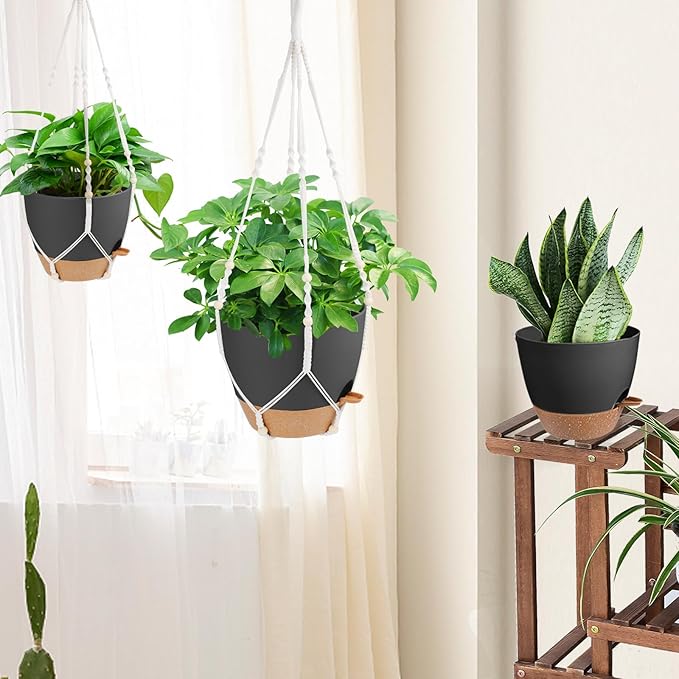 41.5 Inch Macrame Plant Hanger Indoor Outdoor with 12 Inch Flower Pot, Hanging Planter for Plants Holder with Wood Beads for Boho Home Decor (Ivory+Black) Vanslogreen