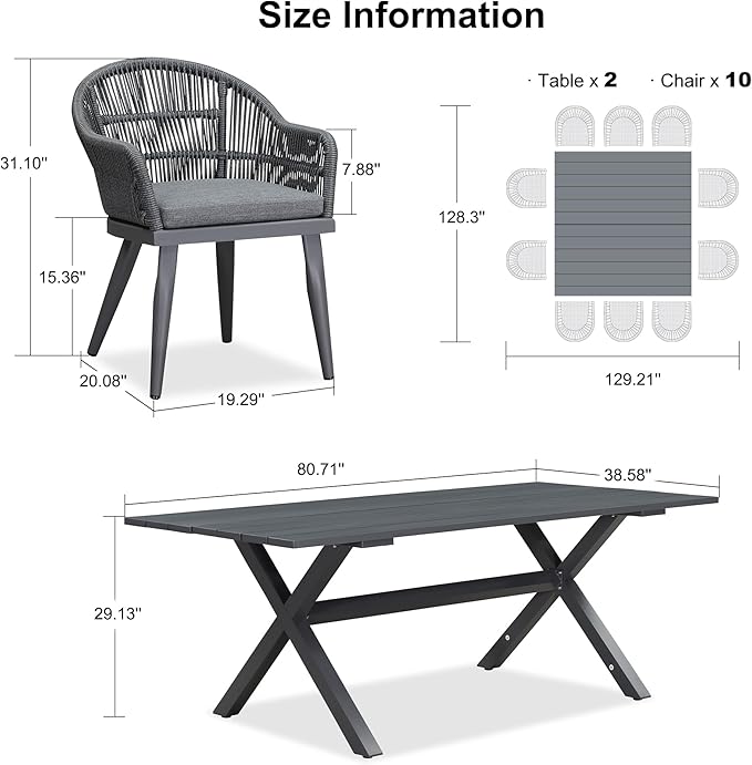 PURPLE LEAF 12 Pieces Patio Dining Set with Outdoor Aluminium Dining Table and Woven Chairs Modern Metal Furniture Cushions Sets for Garden Yard Indoor Decor Kitchen Gray PURPLELEAF