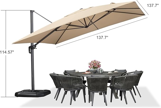 PURPLE LEAF 11.5' X 11.5' Telescopic Patio Umbrella Outdoor Cantilever Umbrella Square Up Down Lifting Offset Umbrella with 360-degree Rotation for Garden Deck Pool Patio Beige PURPLELEAF
