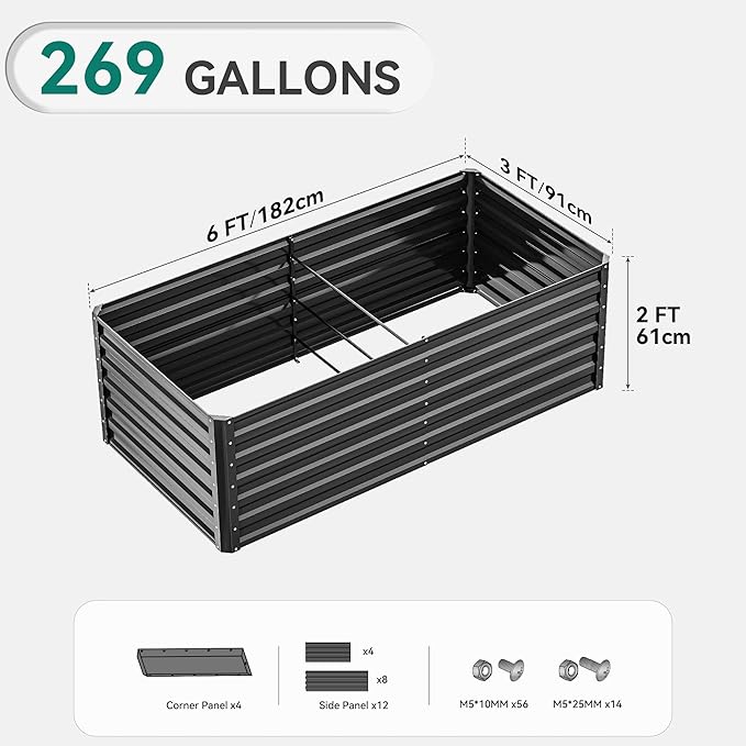 YITAHOME 6x3x2ft 2pcs Large Raised Garden Bed Kit, Galvanized Metal Planter Box with Gloves, Ground Nails, Support Rod, Outdoor Above Ground Planters for Plants Vegetables Flowers, Black YITAHOME
