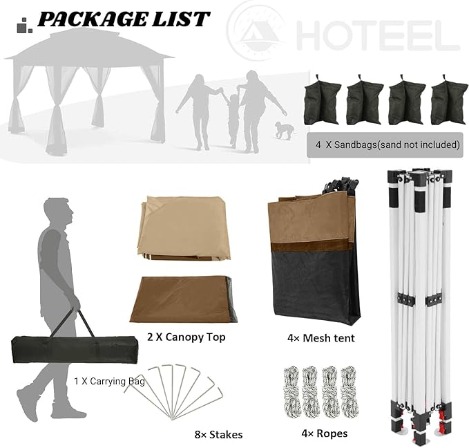 COBIZI 12x12 Pop Up Gazebo On Clearance Canopy Tent- Upgrade Metal Outdoor Canopy Waterproof - Portable Gazebo with Mosquito Nettings, 4 Ropes 8 Stakes and Carry Bag for Patio Garden(Coffee) COBIZI