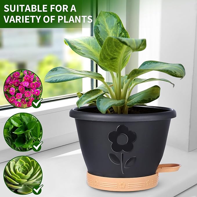 Plant Pots, Flower Pots for Indoor/Outdoor Plants, Self Watering Plastic Planters Pots with Drainage Holes, Saucer & Reservoir, Decorative Nursery Planting Pots(10 Inch Set of 4) (Black) Rootora