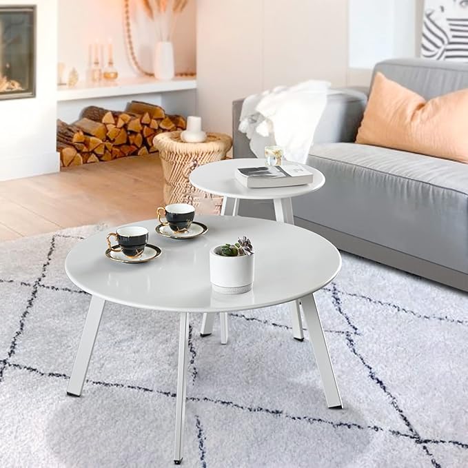 Outdoor Patio Coffee Table Set of 2, Weather Resistant End Table, Round Nesting Tables for Living Room Balcony Office, White Meluvici