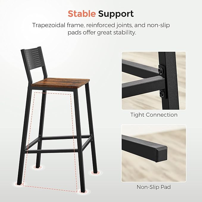 VASAGLE Bar Stools, Set of 2 Bar Chairs, Tall Bar Stools with Backrest, Industrial in Party Room, Rustic Brown and Black ULBC070B01 VASAGLEbySONGMICSHOME