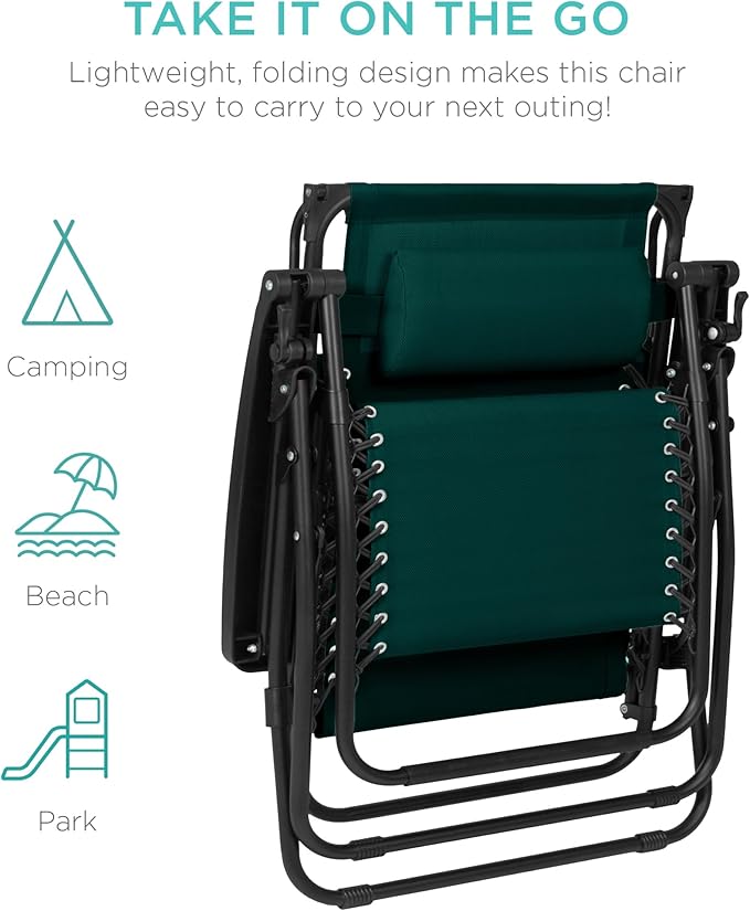 Best Choice Products 30” Wide Folding Zero Gravity Outdoor Recliner Patio Lounge Chair w/Adjustable Canopy Shade, Headrest, Side Accessory Tray - Forest Green BestChoiceProducts