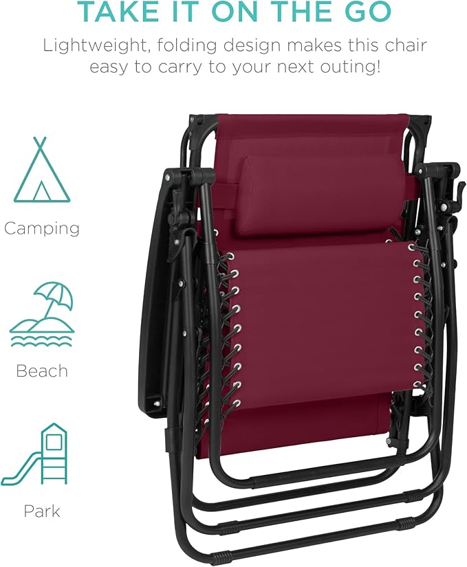 Best Choice Products 30” Wide Folding Zero Gravity Outdoor Recliner Patio Lounge Chair w/Adjustable Canopy Shade, Headrest, Side Accessory Tray - Burgundy BestChoiceProducts
