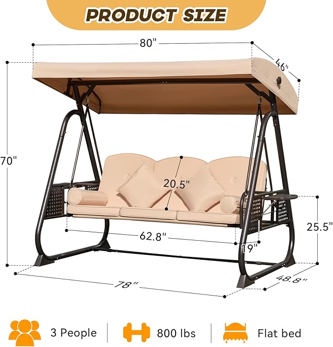 3 in 1 Outdoor Porch Swing with Adjustable Canopy, 3 Seat Outdoor Swing for Adults, Patio Swing Chair with Thickened Cushions,Pillows & Cup Holders for Backyard, Porch, Garden (Khaki) YALISSEY