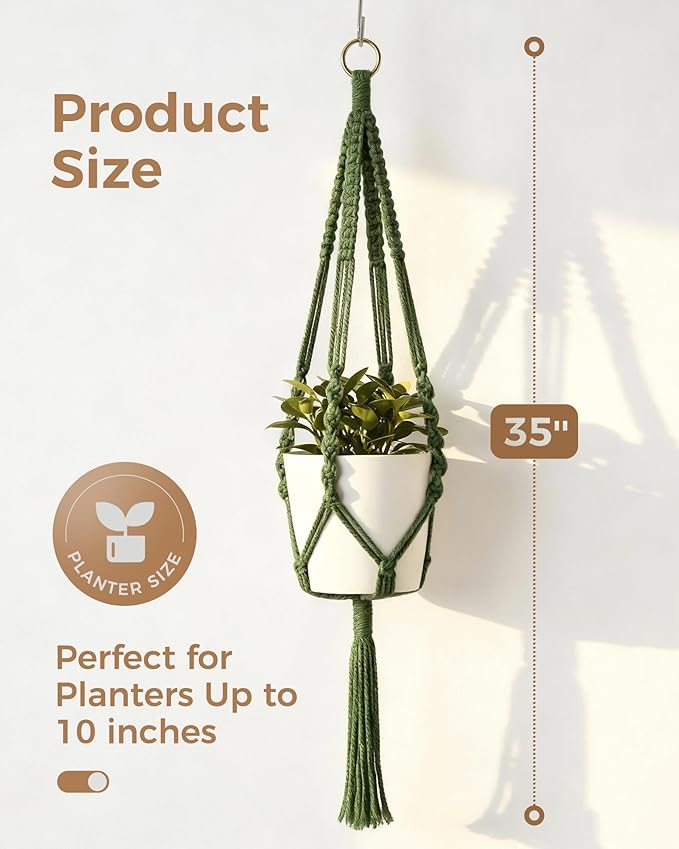 Bamworld Macrame Plant Hanger Indoor Hanging Planter for Plants Hanging Plant Basket Macrame Wall Hanging Planters Boho Decor Home Room Decor Aesthetic 36 Inches Natural Green, Set of 2 Bamworld