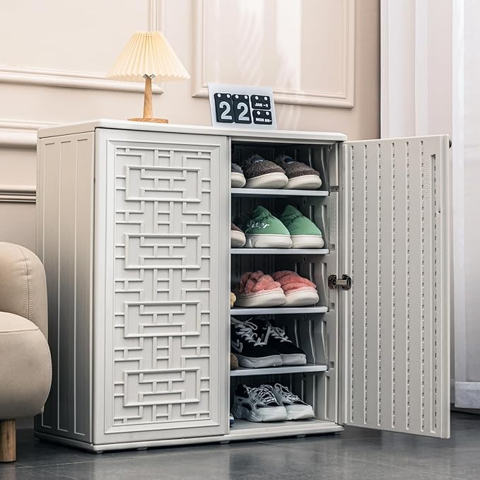 Indoor Outdoor Storage Cabinet Waterproof with Shelf, Off White Plastic Outdoor Cabinets for Patio/Garden/Backyard, Size 34.3''L*15''W*36.2''H Mrosaa