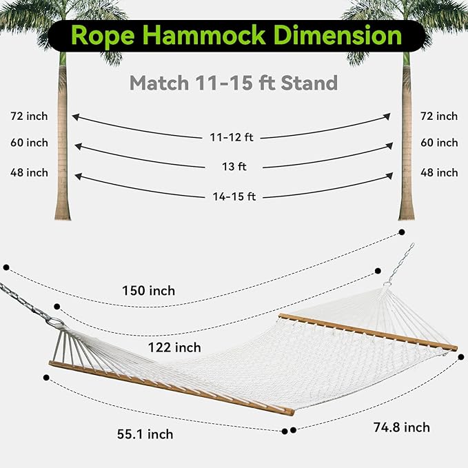 Double Hammock for 2 Person, Handwoven Rope Hammock with Spreader Bar Without Stand - Indoor & Outdoor Use for Patio, Poolside, Backyard (White) ANAGOO