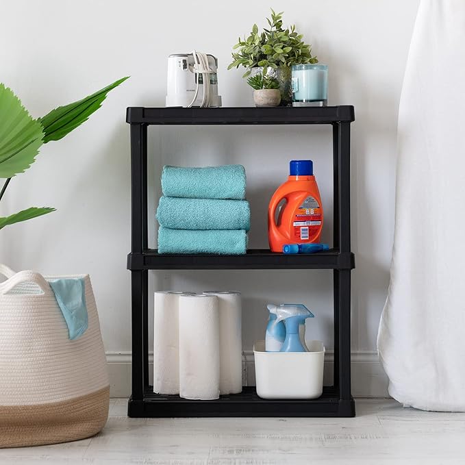 IRIS USA 3-Shelf Light Duty Plastic Storage Shelves, 150lb Capacity, 33" H x 24" W x 12" D, Medium Modular Shelving Unit Storage Organizer for Bathroom, Laundry, Garage & Home, Storage Rack - Black IRISUSA