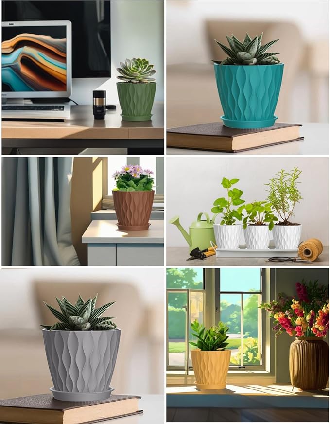 6 Inch Plant Pots, 6 Pack Indoor Flower Pots, Planters with Drainage Holes and Trays for Orchids, Violets, Succulents, Herbs, and Other Plants,Corolful SQKH