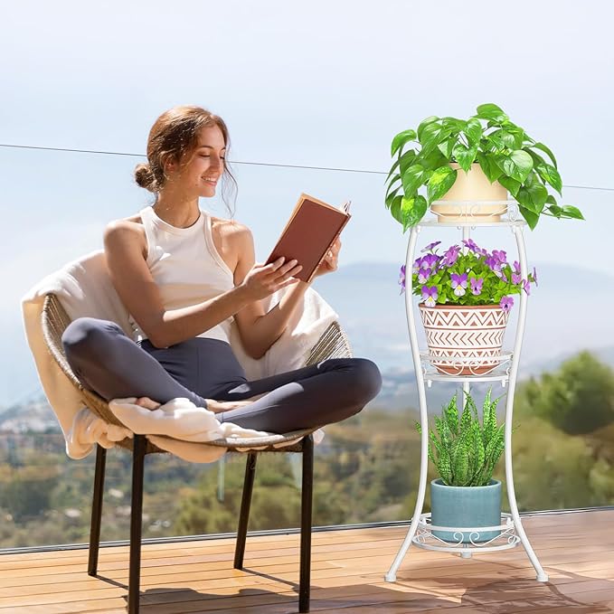 LASZOLA White 3 Tier Tall Plant Stand for Indoor Outdoor, Large Multiple Level Flower Planter Holder Organizer Rack for Patio Office Bathroom Corner Floor, Sturdy Heavy Duty Metal, Vertical Display LASZOLA