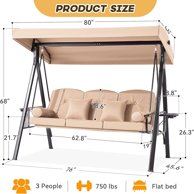 3 in 1 Outdoor Porch Swing with Adjustable Canopy, 3 Seat Outdoor Swing for Adults, Patio Swing Chair with Thickened Cushions,Pillows & Cup Holders for Backyard, Porch, Garden(Khaki) YALISSEY