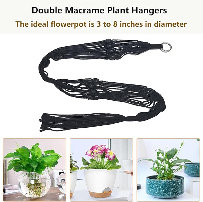 Belit 2 Pack Double Macrame Plant Hangers 2 Tier Hanging Planter Basket Decorative Flower Pot Holder Rope for Indoor Outdoor Home Decor 51 Inch, Black Belit