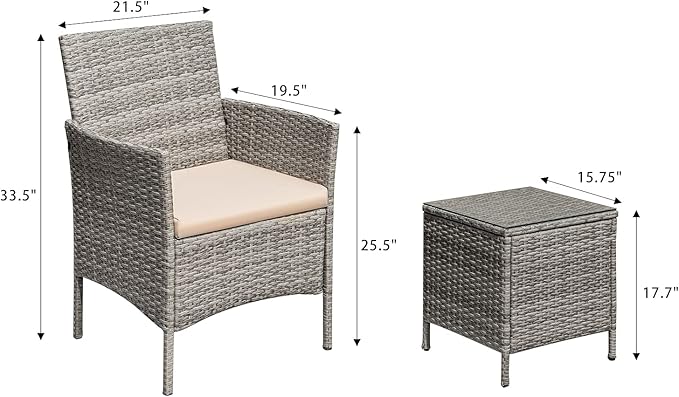 Greesum 3 Pieces Patio Furniture Sets Outdoor PE Rattan Wicker Chairs with Soft Cushion and Glass Coffee Table for Garden Backyard Porch Poolside, Gray and Beige BuynowfromGreesum