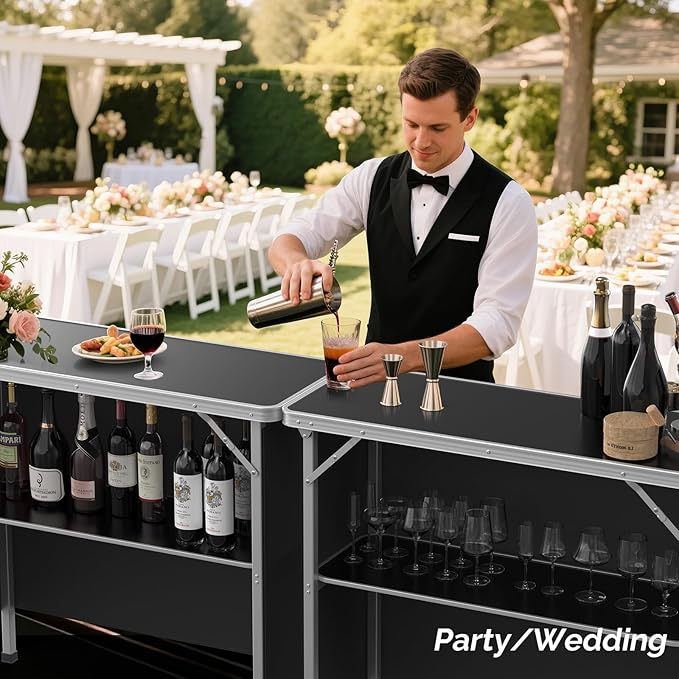 VINGLI Portable Bar Table, 2-Tier Shelves, Mobile Bar Table for Events, Party, Camping, Picnic, Tradeshow, Indoor with Black Skirt, 39 "L x 34" H VINGLI
