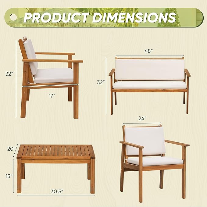 Flamaker Patio Furniture 4 Piece Outdoor Acacia Wood Patio Conversation Sofa Set with Table & Cushions Porch Furniture for Deck, Balcony, Backyard Flamaker