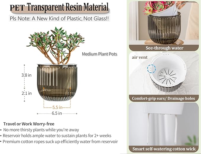 Melphoe Self Watering Pots for Indoor Plants Planter, 6.5 Inch 2 Pack Planters Self Watering Plant Pots for Flower, Houseplants, Succulent, African Violets and Cactus with Drainage Melphoe