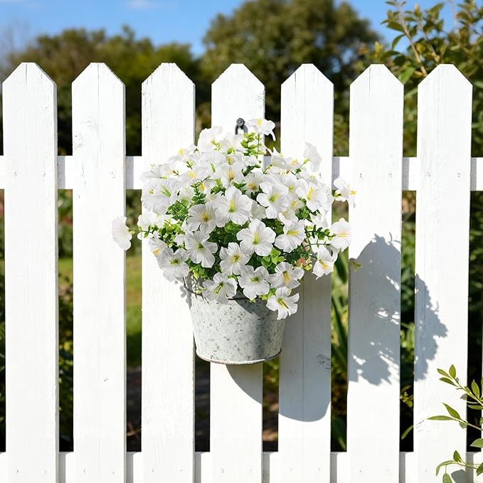 INQCMY Artificial Fake Petunias Flowers for Outdoors Spring Decoration, 12 Bundles Faux Flower Plants UV Resistant White Realistic Silk Flower for Outside Planters Patio Porch Yard Window Box INQCMYPlantRack