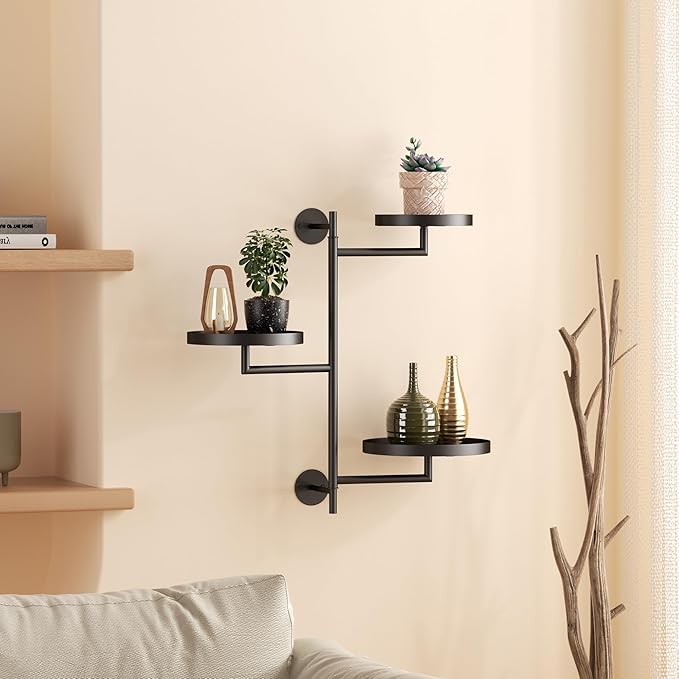 Window Rotating Plant Stand Shelf Indoor Black Metal Floating Shelves 3-Tier Wall Mount Plant Holders for Living Room Wall Planter Modern Home Decor for Gardening YQSLYSF