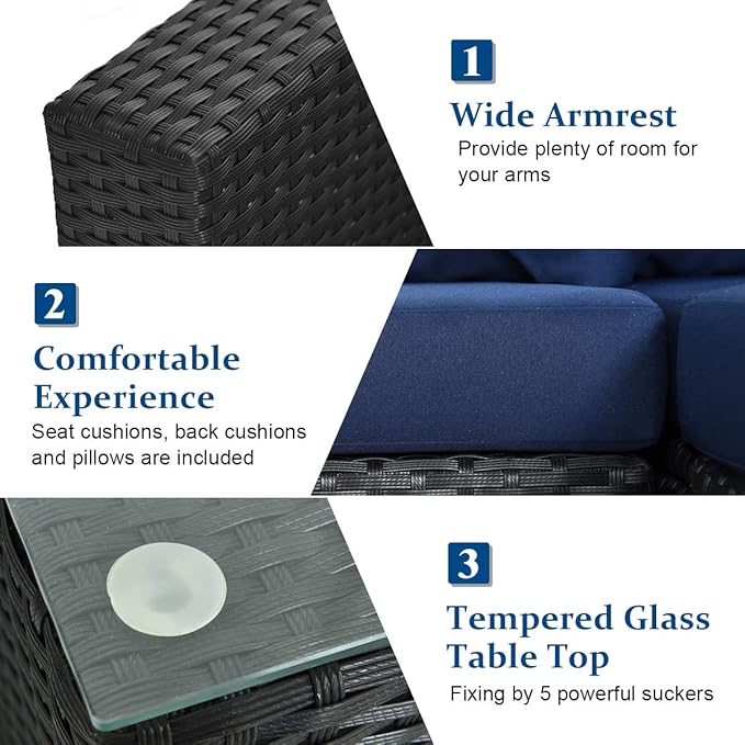 Tangkula 7-Piece Patio Furniture Set, Outdoor Sectional Wicker Sofa with Pillows and Cushions, Conversation Set with Coffee Table & Tea Table for Garden, Lawn (Navy Blue) TANGKULA