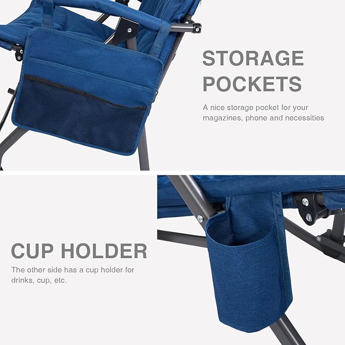 EVER ADVANCED Oversized Folding Rocking Camping Chair, Padded Portable Rocker Chair for Patio, Lawn and Outdoors, Heavy Duty Hard Armchair for Adults Supports 400lbs, Blue EVERADVANCED