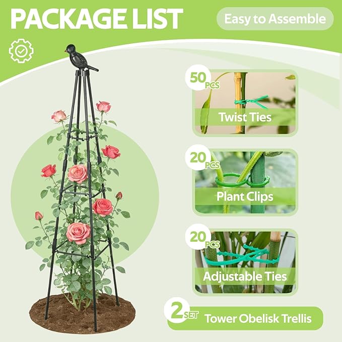 2 Pack Garden Trellis for Climbing Plants Outdoor - Rustproof Plastic Coated Steel Core Tower Obelisk Trellis - Metal Teepee Trellis Vertical Plant Support for Vines Vegetables Flowers Indoor Rootora