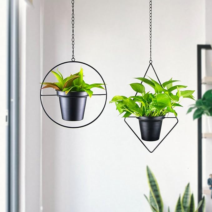 Metal Hanging Planters, Modern Plant Hanger with 5 inch Flower Pot, Set of 2 Black Plant Holder in Diamond and Round Shape, Small Wall and Ceiling Planter for Indoor Plants, Home Décor HemePaha