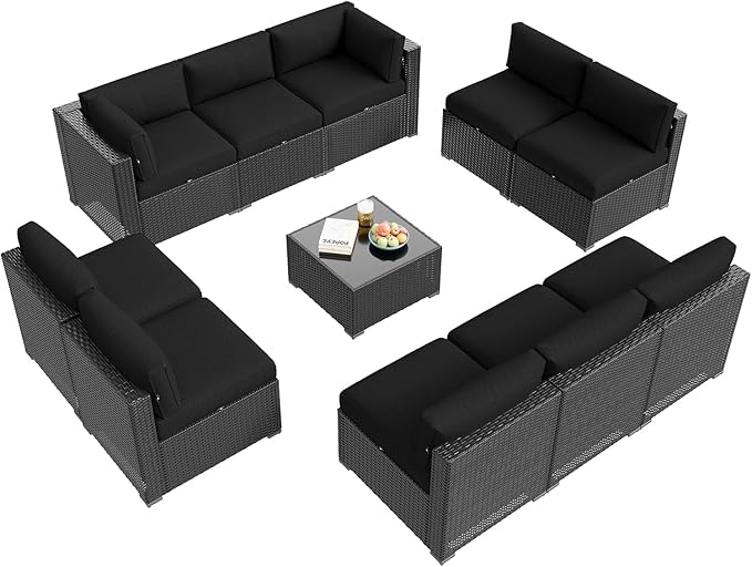 Aoxun Patio Furniture Set, 11 Piece Outdoor Sectional Sofas with Waterproof Cover, 10 Seats Wicker Rattan Outdoor Furniture Patio Conversation Set for Backyard, Garden Black Aoxun