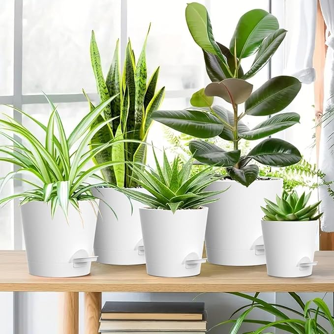 7/6.5/6/5.5/5/4 inch Self Watering Pots for Indoor Outdoor Plants, 6 Pack Plastic Flower Planters with Drainage Holes and Removable Saucers, Plant Pots with Wicking Rope, Modern Decor, White WSMKSZ