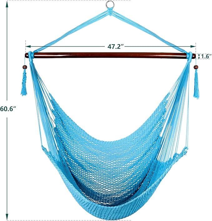 Caribbean Hammock Swing Chair with Spreader Bar, Large Hammock Chair, Hand Craft Rope Hanging Chair Outdoor, Indoor, Bedroom, 330 LBS Weight Capacity, Blue Bathonly