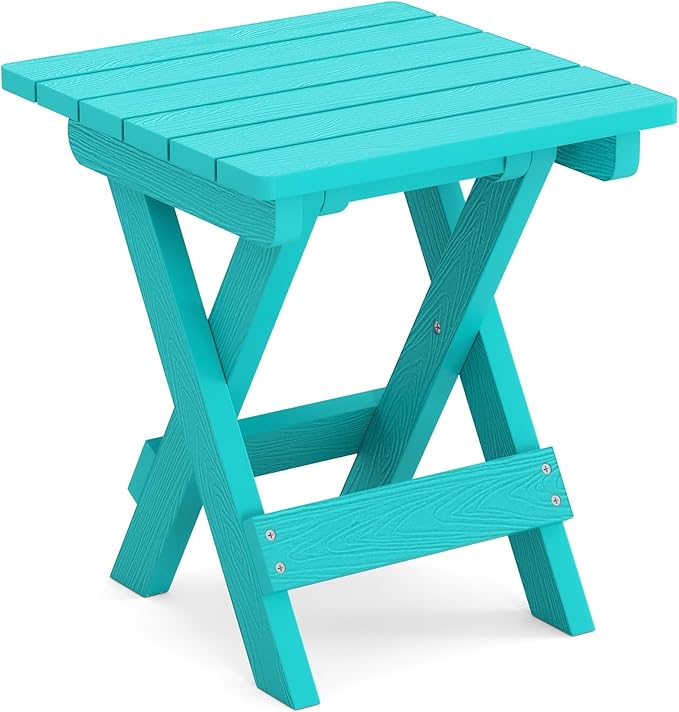 LUE BONA Small Outdoor Folding Side Table, HDPS Outside End Table for Patio, Porch, Deck, Pool, 14 Inch Height, Aruba Blue LUEBONA