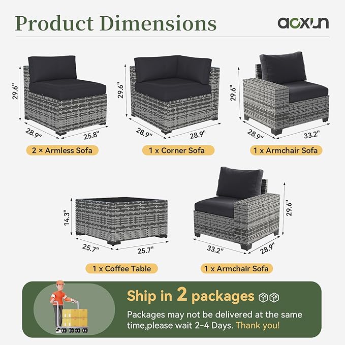 Aoxun 6 Piece Patio Furniture Set with Wide Armrests Wicker Rattan Outdoor Sectional Sofa Set with Coffee Table and Thickened Cushions, Grey/Black(Waterproof Cover Included) Aoxun