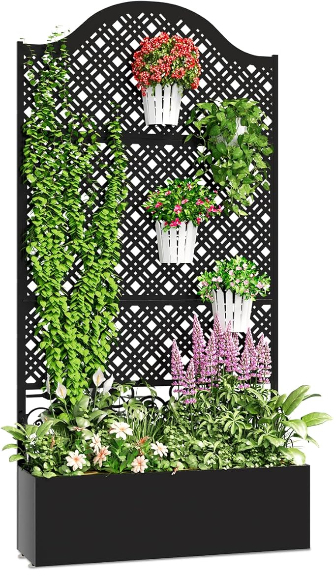 Metal Raised Garden Bed with Trellis & Privacy Screen - 83"x40"x11.8" Freestanding Planter Box for Patio Balcony, Modern Planter with Drainage Holes for Climbing Plants, Flowers & Vegetable XOCUWU