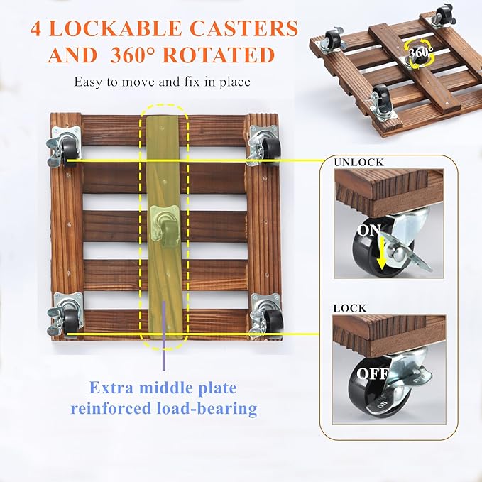 2 Pack Plant Caddy with Wheels, 14" + 12" Rolling Plant Stand 264 LBS Heavy Duty Wooden Square Plant Dolly with Metal 360° Lockable Caster Wheels for Outdoor Indoor Large Plant Pots, Flower Pot, Patio PRAQECZ