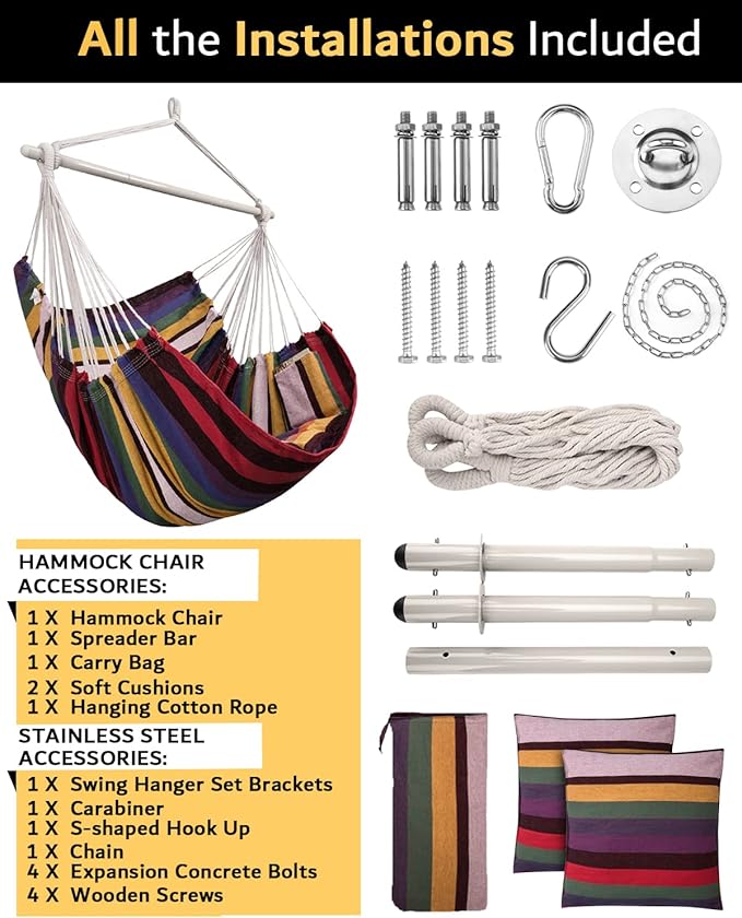 XXL Hammock Chair Hanging Rope Swing with 2 Cushions - Max 500lbs-Perfect for Patio, Porch, Bedroom, Backyard, Indoor or Outdoor - Includes Hanging Hardware Kits Rainbow Lulladle