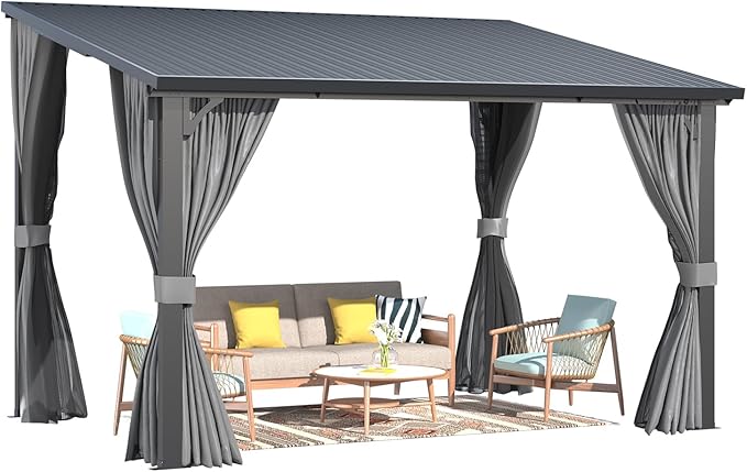 AECOJOY 12'x8' Outdoor Hardtop Gazebo Pergola with Curtains and Netting for Patio, Large 8x12 Steel Heavy Duty Lean to Wall-Mounted Pergolas and Grill Gazebos Clearance, Metal Roof Awnings for Decks AECOJOY