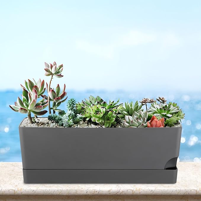 4 Pack Self Watering Pots for Indoor Plants 17 Inches Window Boxes Planters Rectangular Flower Pots Rectangle Herb Pots Large Plant Pots with Drainage Holes and Saucers Windowsill Planter, Grey KvyusFlourish