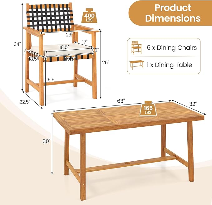 Tangkula 7 Piece Patio Dining Set for 6 People, 63” Outdoor Rectangular Acacia Wood Table with 1.97” Umbrella Hole & 6 Armchairs with Padded Seat Cushions, for Deck Yard and Poolside TANGKULA