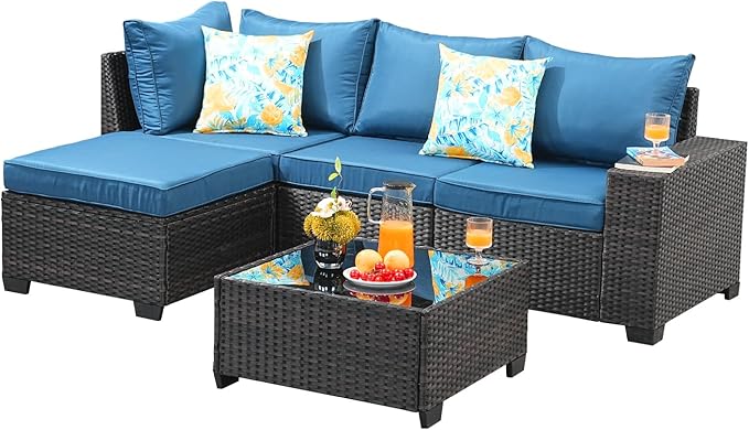 Jing's Villa 5-Piece Patio Furniture Set, All-Weather Outdoor Wicker Sectional Sofa with Cushions, Tempered Glass Table & Ottoman, Rattan Conversation Seating for Porch, Garden, Backyard,Peacock Blue JingsVillaOutdoorFurniture