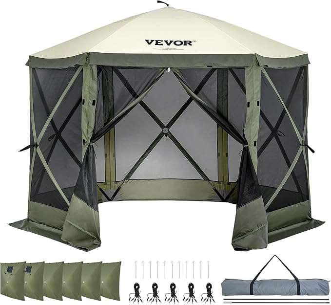 VEVOR Pop Up Gazebo Screen Tent 6 Sided Canopy Sun Shelter with 6 Removable Privacy Wind Cloths & Mesh Windows, 10x10FT Quick Set Screen Tent with Mosquito Netting, Army Green VEVOR