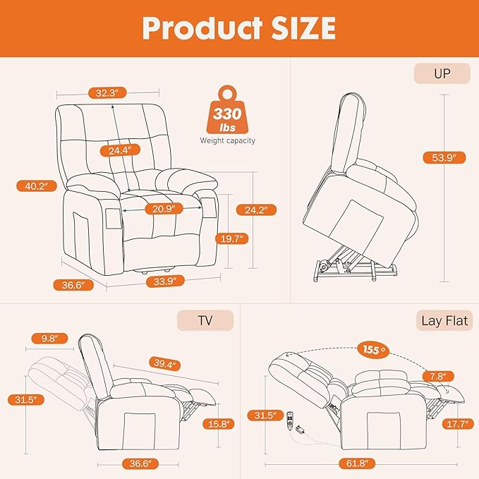 Sweetcrispy Power Lift Recliner Chair with Vibration Massage and Heat for Adults, Ergonomic Overstuffed Breathable Fabric Reclining Chair with Side Pockets, Remote Control, Living Room, Bedroom, Brown Sweetcrispy