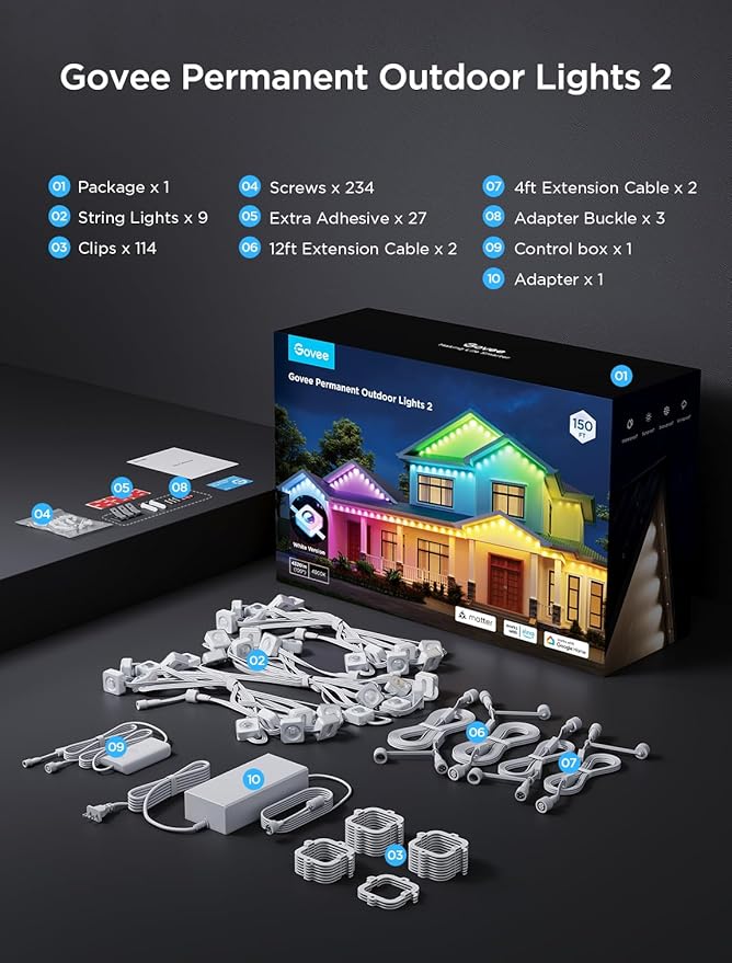 Govee Permanent Outdoor Lights 2, 150ft RGBIC Outdoor Lights with 108 LED Lights, IP67 Waterproof, 100 Scene Modes with 40lm White for Outdoor Decorations, Works with Alexa, Google Assistant, Black Govee