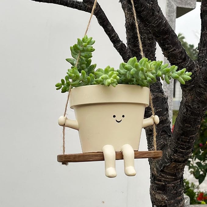 Hanging Planter Swing Face Plant Pot - Cute Resin Head Planters with Drainage Hole Indoor Outdoor Plant Holder, Succulent/String of Pearls Flower Pots, Unique Sitting Sway Pots, Gift Ideas for Mother Scuyari